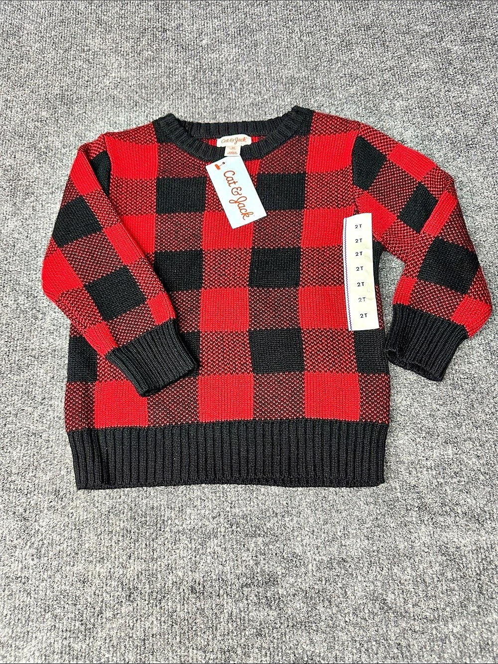 Cat & Jack Boys' Long Sleeve Buffalo Check Pullover Sweater Red & Black 2T
